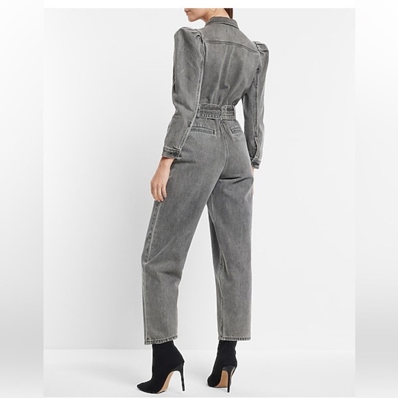 Express Puff Sleeve Tie Waist Gray Wash Denim Jumpsuit 6 - Picture 16 of 16